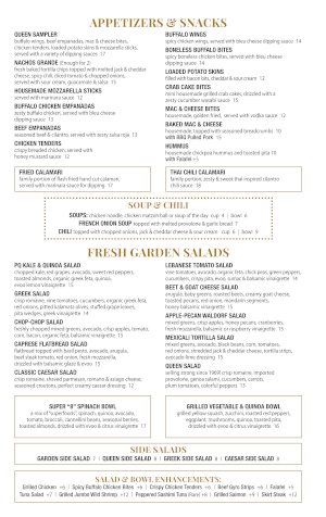 Pompton Queen Menu - Appetizers & Snacks/Soup & Chili/Fresh Garden Salads/Side Salads