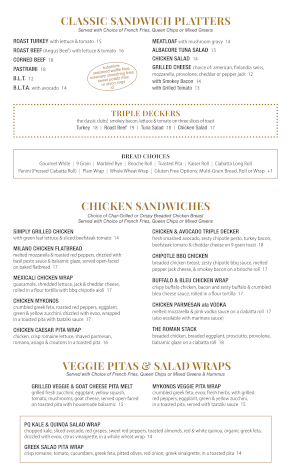 Pompton Queen Menu - Classic Sandwich Platters/Triple Deckers/Chicken Sandwiches/Veggie Pitas & Salad Wraps