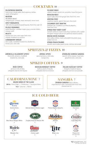 Pompton Queen Menu - Cocktails/Spritzes & Fizzes/Spiked Coffee/Wine/Sangria/Beer
